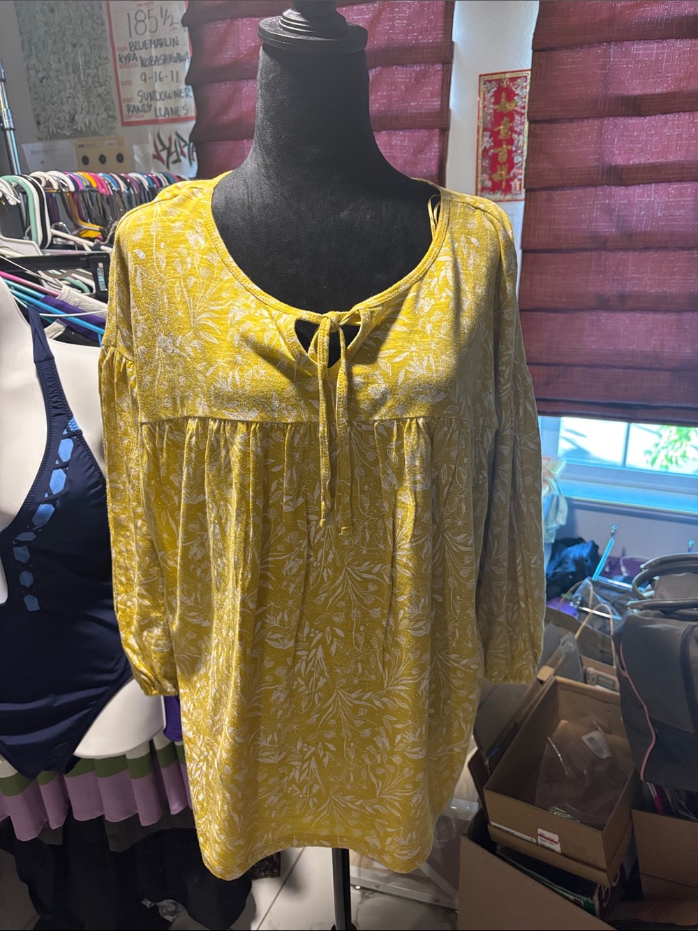 Style & Co. Yellow Floral Tie-Neck Women's Top